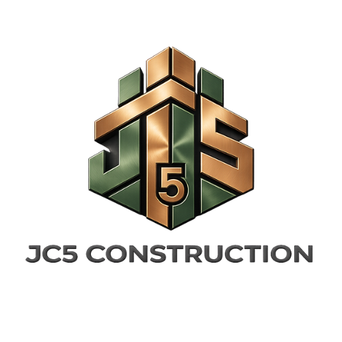 JC5 Construction logo: geometric hexagon with green and gold colors, number 5 centered