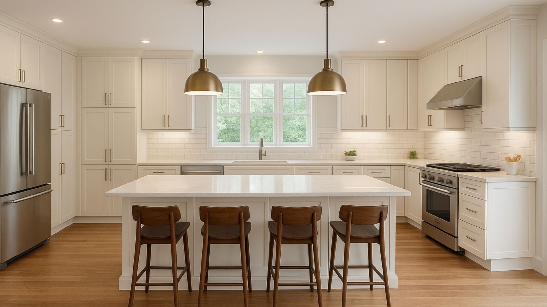Modern kitchen with cream cabinets, white island, wood stools, and brass pendant lights